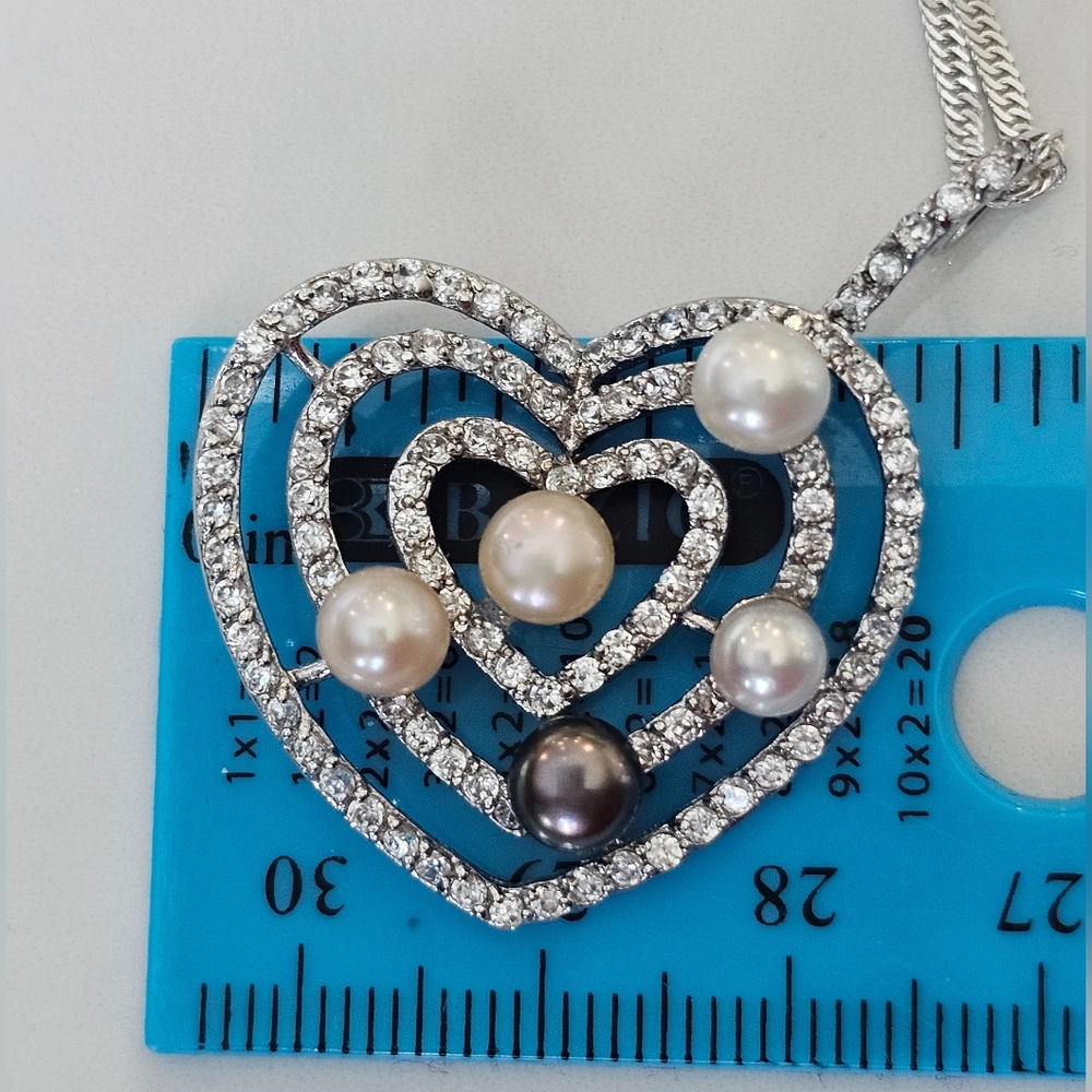 STERLING SILVER  Heart Pendant with REAL Pearls - Picture 10 of 11